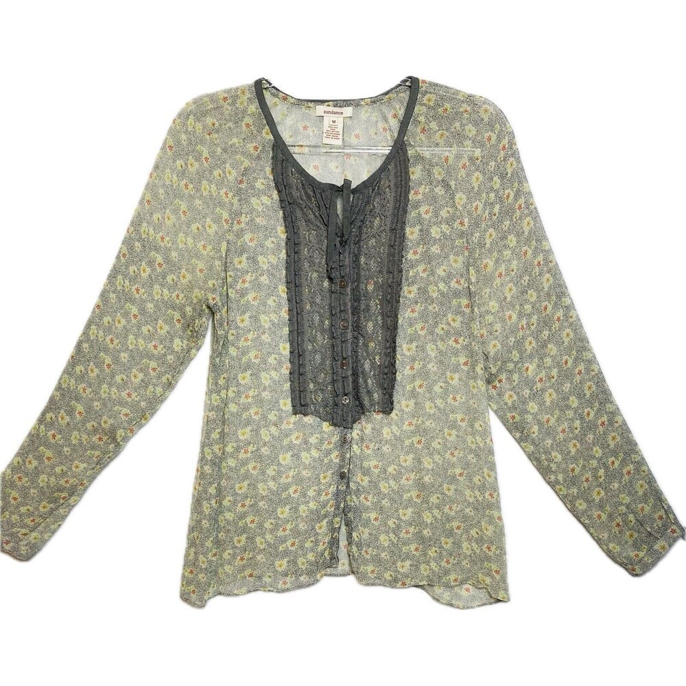 F. Sundance Silk Top M Floral Multicolor Blouse Long Sleeve Round Neck Button